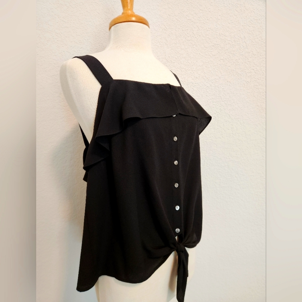 1.STATE Black Ruffle Button-Down Tank